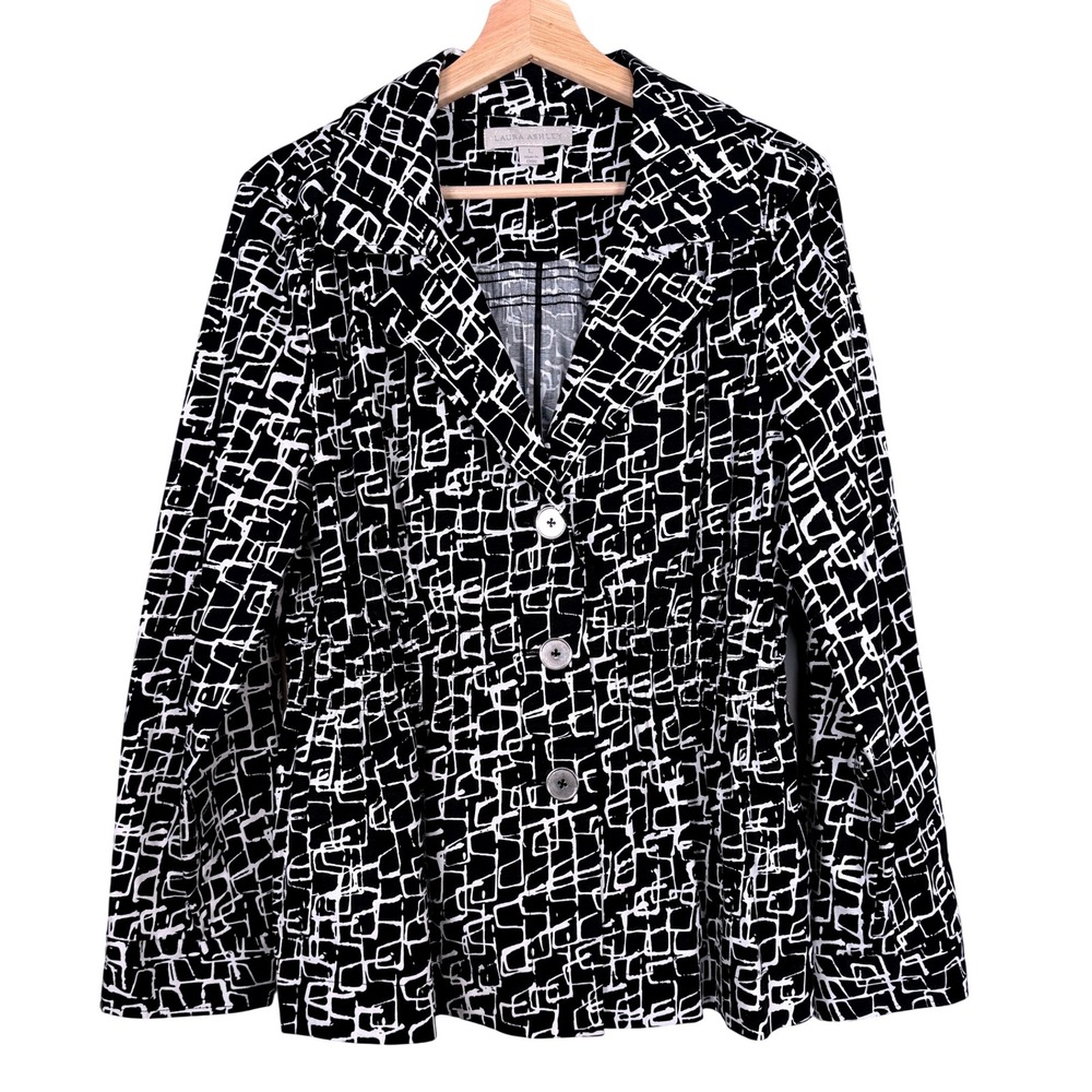 Laura Ashley Womens Black White Geometric Print Button Front Jacket Blazer Sz‎ L